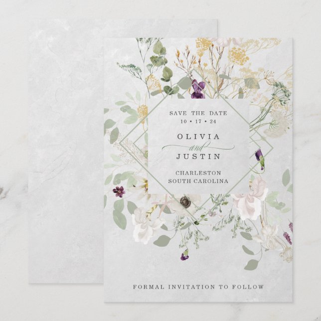 Misty Wildflowers | Delicate Geometric Grey Back Save The Date (Front/Back)