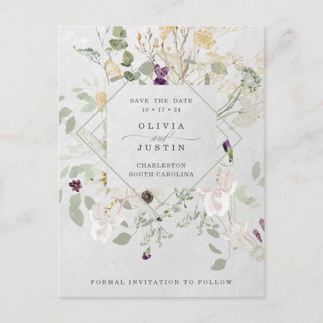 Misty Wildflowers | Grey Geometric Save the Date Announcement Postcard (Front)
