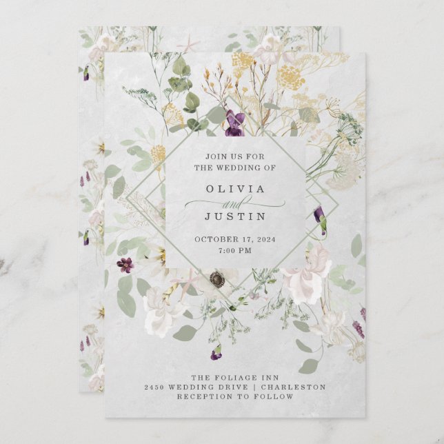 Misty Wildflowers | Soft Grey Geometric Wedding In Invitation (Front/Back)