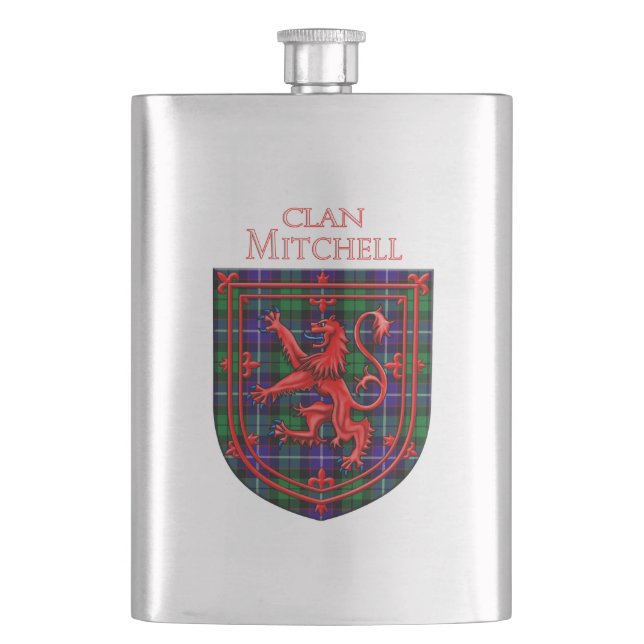 Mitchell Tartan Scottish Plaid Lion Rampant Hip Flask (Front)