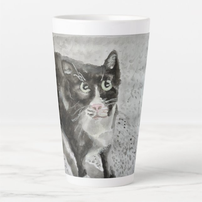 Mittens chat noir et blanc sur mug latte (Devant)