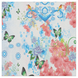 Mix Blue abstract with salmon colour flowers Fabric