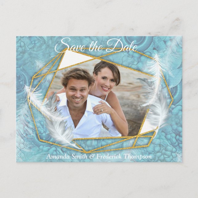 Mix Blue Pattern, Feathers & White Lace Announcement Postcard (Front)