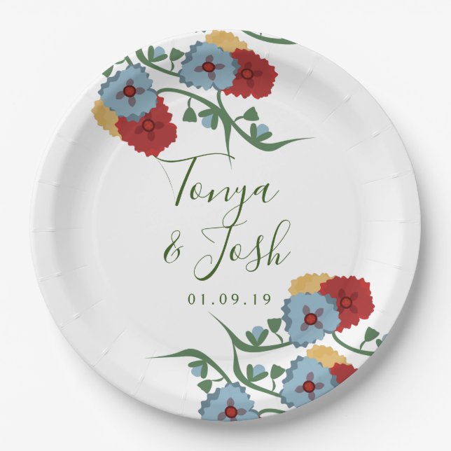 Mix Flowers Mexican Folk Botanical Pretty Floral Paper Plate (Front)