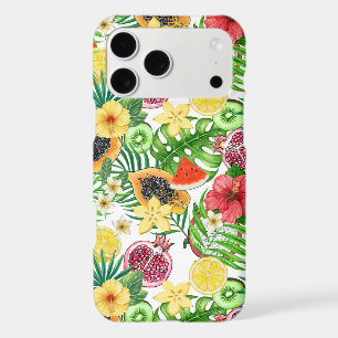 Mix-fruit tropical, fleurs et feuilles sur blanc