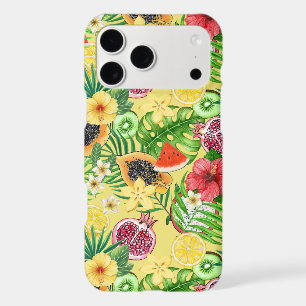 Mix-fruit tropical, fleurs et feuilles sur jaune