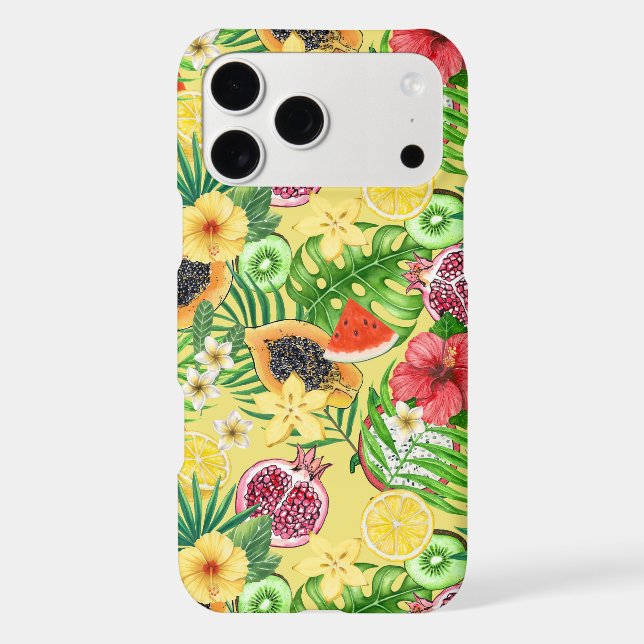 Mix-fruit tropical, fleurs et feuilles sur jaune (Verso)