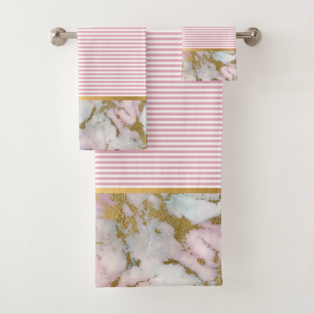 MIX N MATCH MARBLE STRIPE PINK BATHROOM TOWEL SET (Insitu)