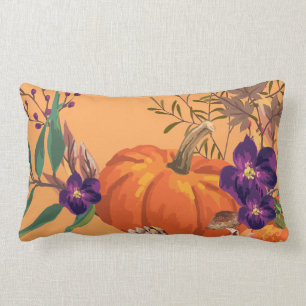 Mix of Pumpkins Fall Leaves and Flowers Lumbar Pillow