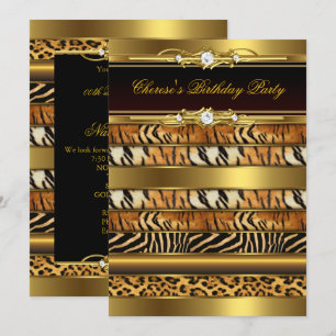 Mixed Animal Prints Birthday Party Gold Black 3 Invitation