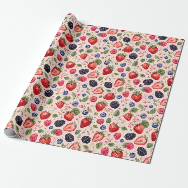 Mixed Berry Watercolor Fruit Pattern Gift Wrapping Paper (Unrolled)