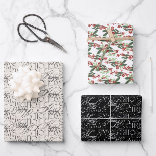 Mixed Christmas Holiday Botanical Script Wrapping Paper Sheet