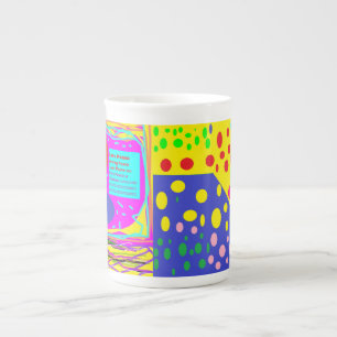 Mixed design peace logo and bright dotty colours bone china mug