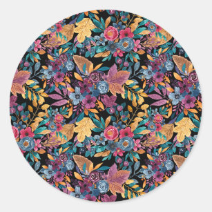 Mixed Fall Floral Leaves Berry Watercolor Pattern Classic Round Sticker