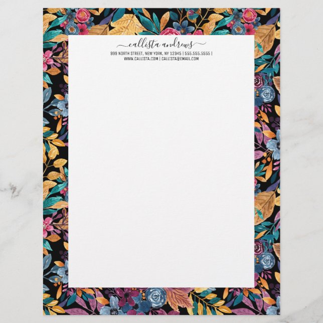 Mixed Fall Floral Leaves Berry Watercolor Pattern Letterhead (Front)