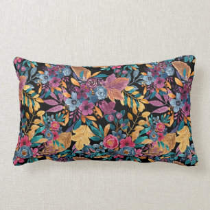 Mixed Fall Floral Leaves Berry Watercolor Pattern Lumbar Pillow