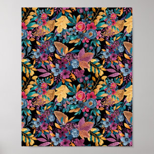 Mixed Fall Floral Leaves Berry Watercolor Pattern Poster