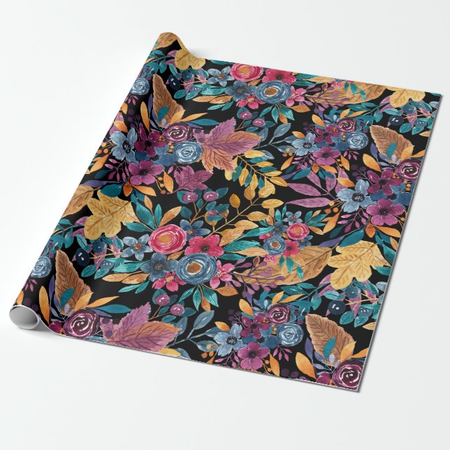 Mixed Fall Floral Leaves Berry Watercolor Pattern Wrapping Paper (Unrolled)