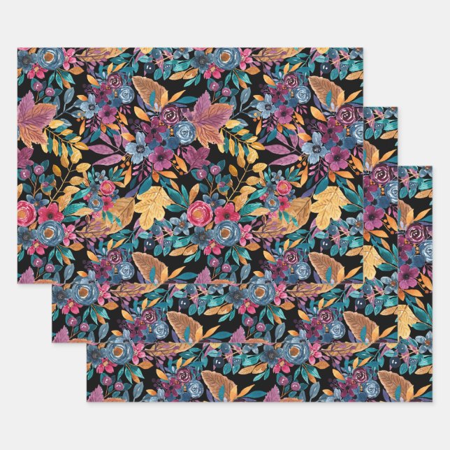 Mixed Fall Floral Leaves Berry Watercolor Pattern Wrapping Paper Sheet (Set)