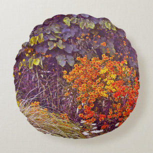 MIXED FLORAL/PLANTS, GRASSES AND ORANGE&YELLOW FLO ROUND PILLOW