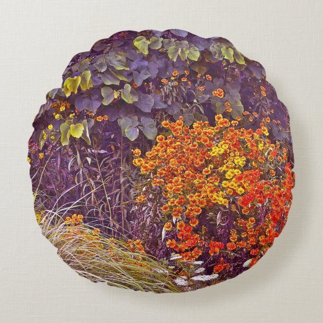 MIXED FLORAL/PLANTS, GRASSES AND ORANGE&YELLOW FLO ROUND PILLOW (Front)