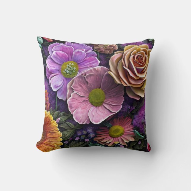 Mixed Flowers, Colourful, Retro Modern Springtime Throw Pillow (Front)