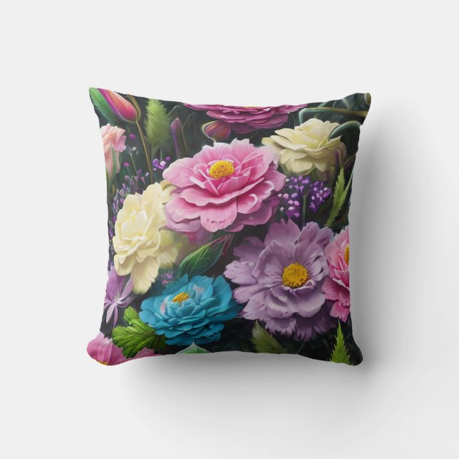 Mixed Flowers, Colourful, Retro Modern Springtime  Throw Pillow (Front)