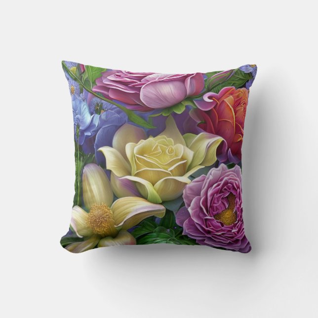 Mixed Flowers, Colourful, Retro Modern Springtime Throw Pillow (Front)