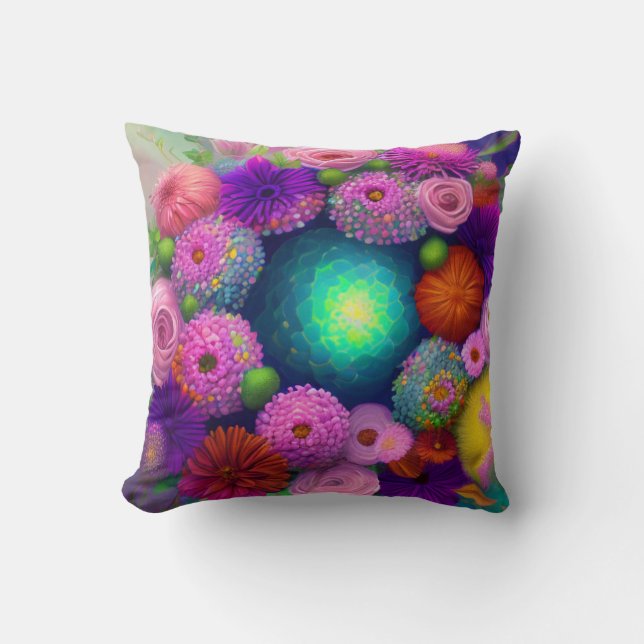 Mixed Flowers, Colourful, Retro Modern Springtime Throw Pillow (Front)