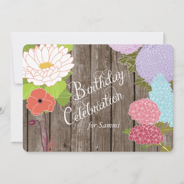Mixed Flowers on Weathered Wood Birthday Invite (Front)