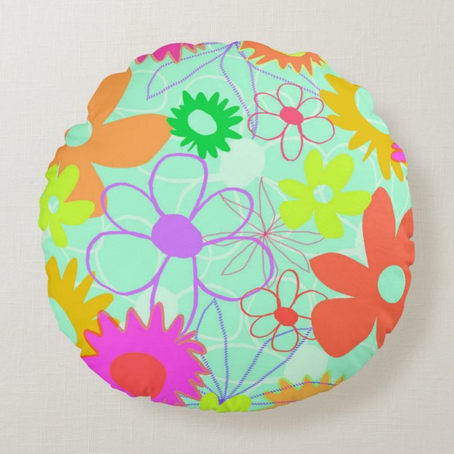 Mixed Flowers Round Pillow (Front)