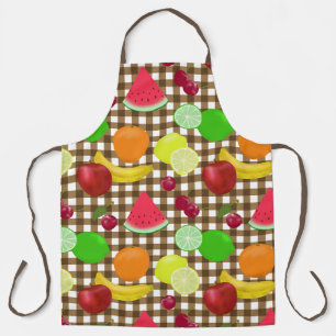 Mixed Fruit Brown and White Gingham Check Apron