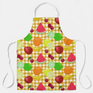 Mixed Fruits Yellow White Gingham Check Apron