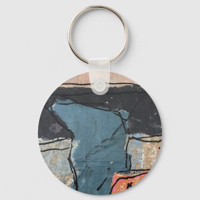 Mixed Media Abstract Grey Grey Blue QR Code Keychain (Front)