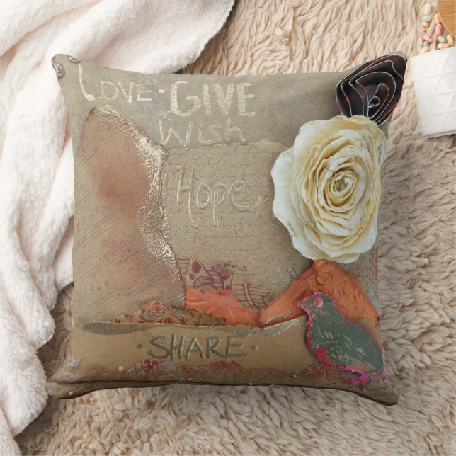 Mixed Media Art Saying Love Give Hope Share Throw Pillow (Blanket)