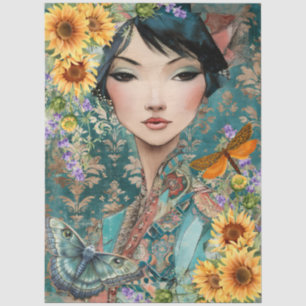 Mixed Media Beautiful Woman Face Art Collage  Tissue Paper