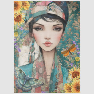 Mixed Media Beautiful Woman Face Art Collage  Tissue Paper
