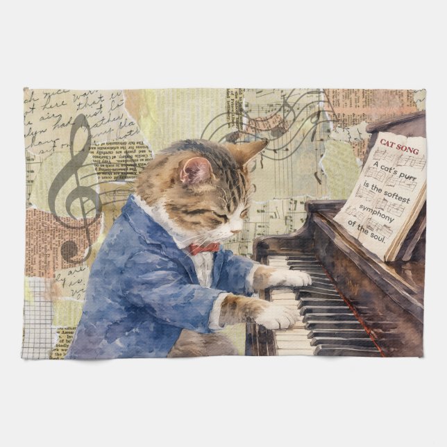 Mixed Media Cat Playing the Piano Kitchen Towel (Horizontal)