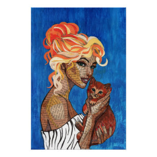 Mixed Media Collage Cat Mom Art Poster - Artsy New