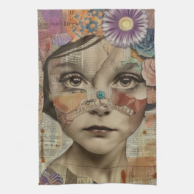 Mixed Media Collage Portrait Art (10) Kitchen Towel (Vertical)