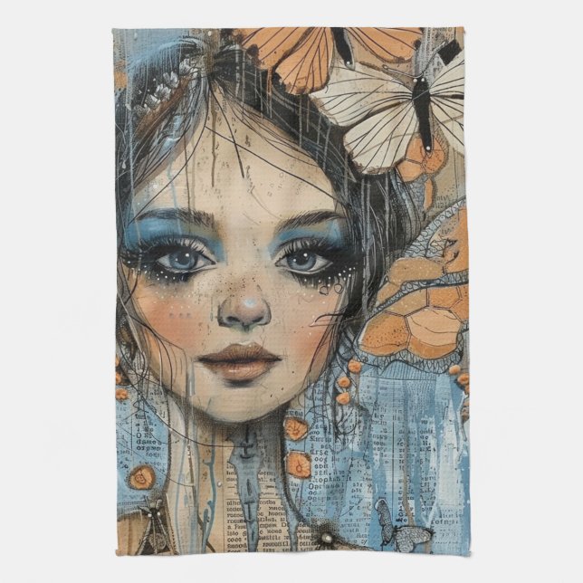 Mixed Media Collage Portrait Art (12) Kitchen Towel (Vertical)