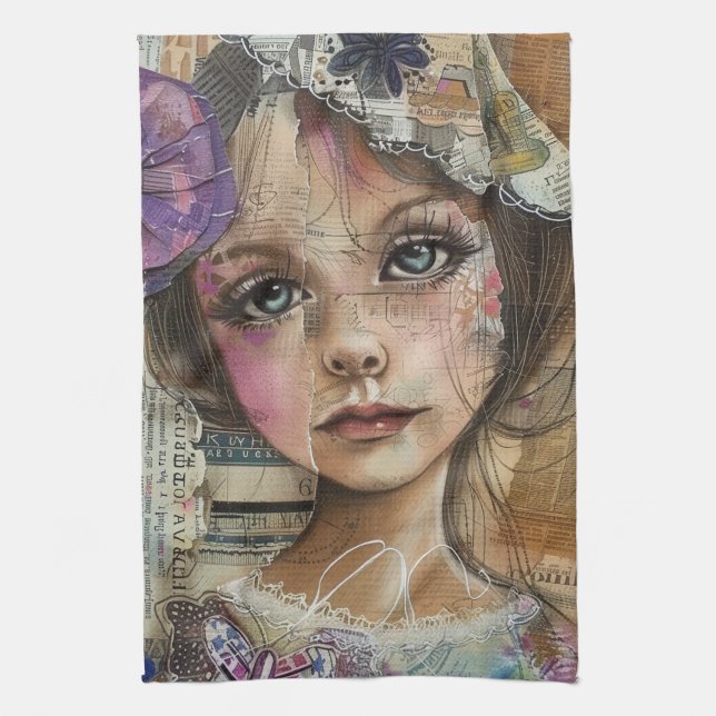 Mixed Media Collage Portrait Art (1) Kitchen Towel (Vertical)