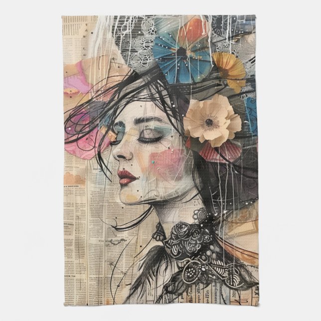Mixed Media Collage Portrait Art (2) Kitchen Towel (Vertical)