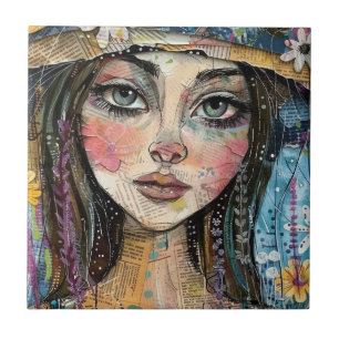 Mixed Media Collage Portrait Art (3) Tile