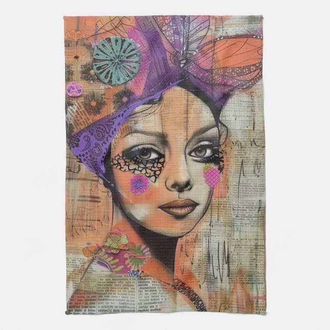 Mixed Media Collage Portrait Art (5) Kitchen Towel (Vertical)