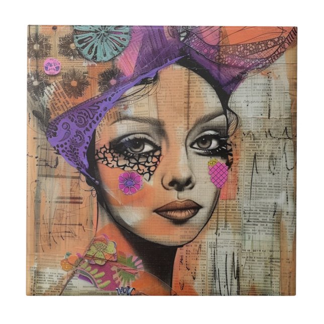 Mixed Media Collage Portrait Art (5) Tile (Front)