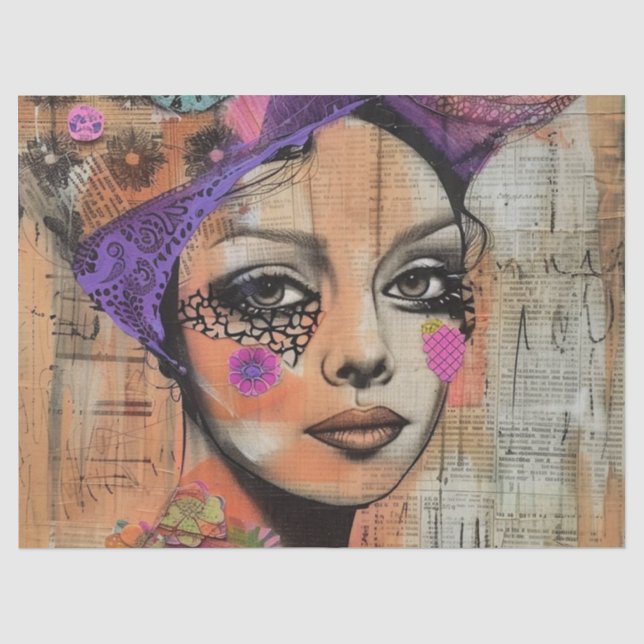 Mixed Media Collage Portrait Art (5) Tissue Paper (Front)