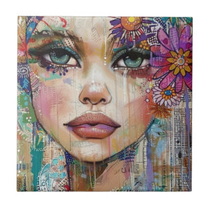 Mixed Media Collage Portrait Art (6) Tile