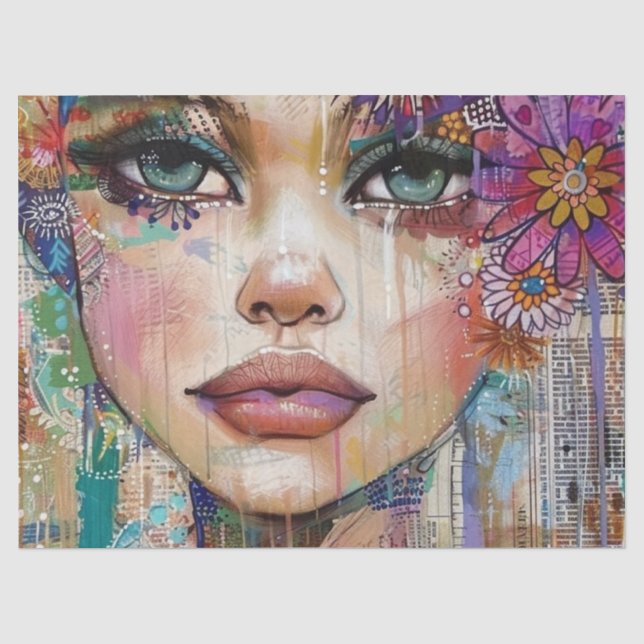 Mixed Media Collage Portrait Art (6) Tissue Paper (Front)