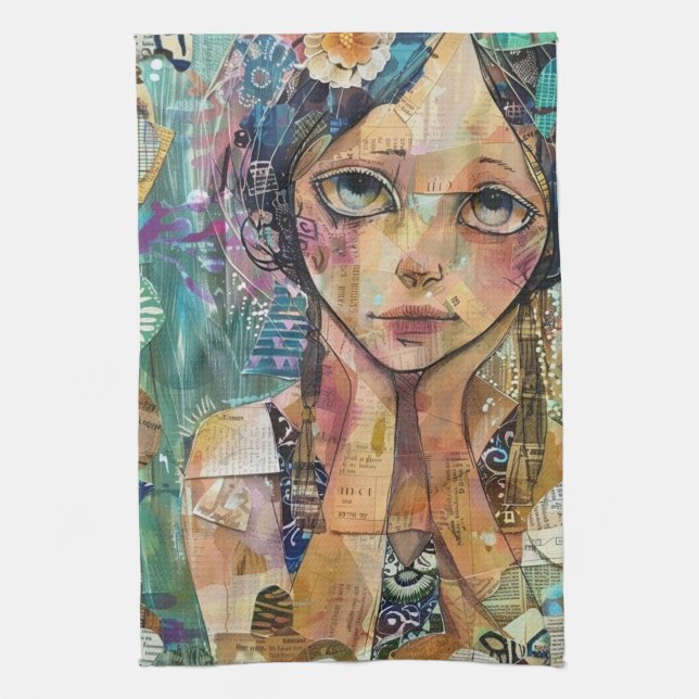 Mixed Media Collage Portrait Art (8) Kitchen Towel (Vertical)